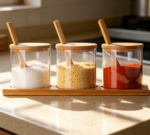 Glass Condiment Jar with Lids & Spoons, 3-Pack