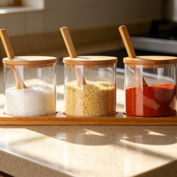Glass Condiment Jar with Lids & Spoons, 3-Pack