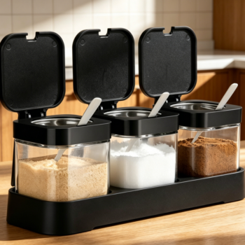 Glass Condiment Jar 8.6 oz with Lids & Spoons, Black