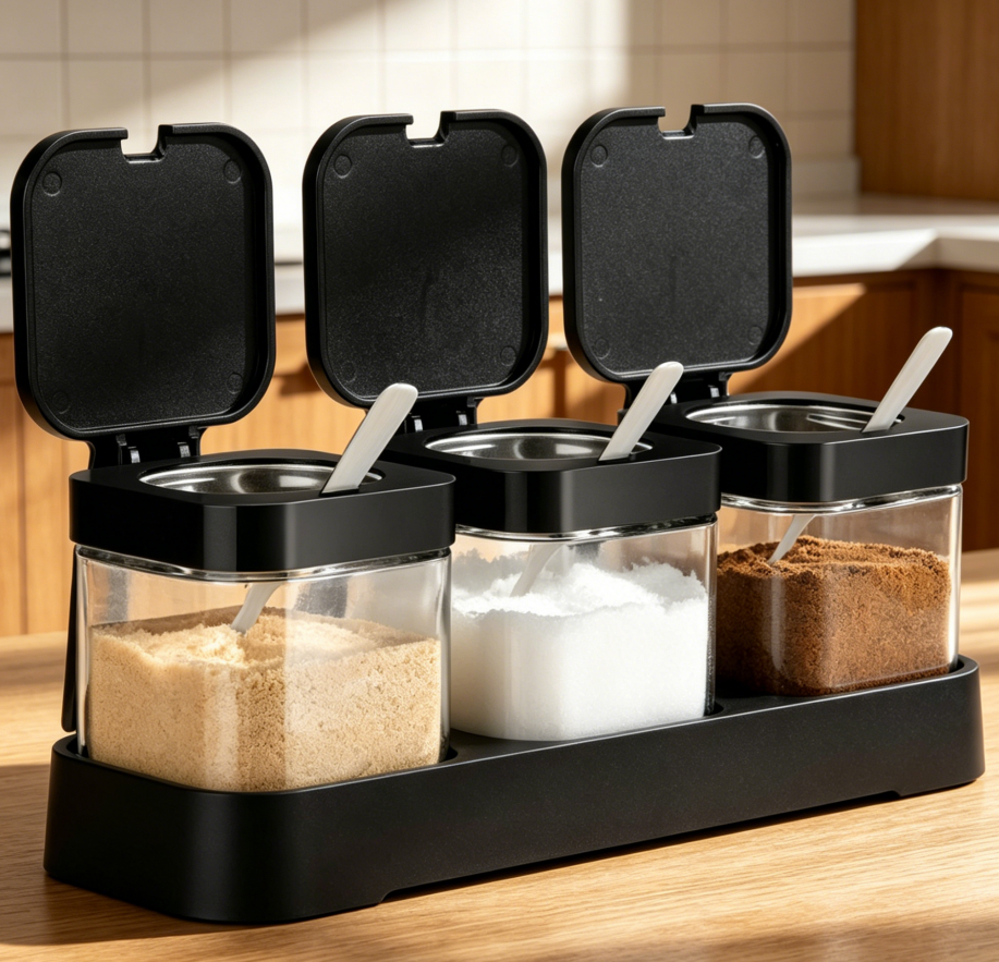 Glass Condiment Jar 8.6 oz with Lids & Spoons, Black