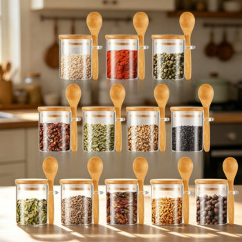 Glass Spice Jars 6 oz with Bamboo Lids & Wooden Spoons, 12-Pack