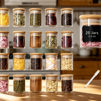 Glass Spice Jars 2.5 oz with Bamboo Lids, Labels & Pen, 20-Pack