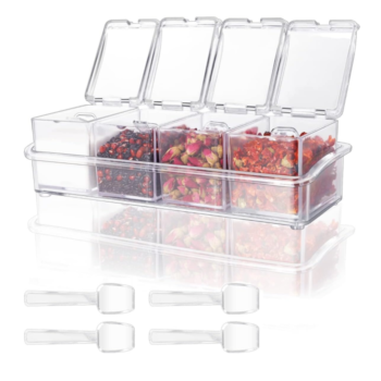 Acrylic Spice Shakers with Lid, Spoon & Tray, 4-Pack, Clear
