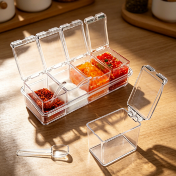 Clear Seasoning Box, Plastic Spice Jar with Lid & Spoon, 4-Pack