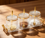 Acrylic Condiment Jars with Lids, Spoons & Tray, 3-Pack