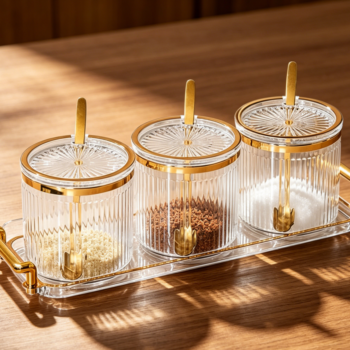 Acrylic Condiment Jars with Lids, Spoons & Tray, 3-Pack