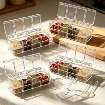 Acrylic Clear Seasoning Rack with Spoons & Lids, 4-Pack