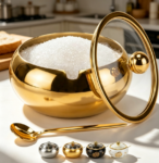 Sugar Bowl 15 oz with Glass Lid & Spoon, Gold