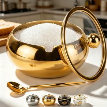 Sugar Bowl 15 oz with Glass Lid & Spoon, Gold