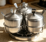 Stainless Steel Revolving Sugar Bowl with Lid & Spoon, 3-Pack
