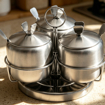 Stainless Steel Revolving Sugar Bowl with Lid & Spoon, 3-Pack
