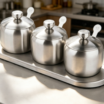 Stainless Steel Seasoning Containers with Spoons & Non-Slip Base
