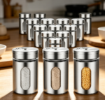 Stainless Steel Salt & Pepper Shakers with Glass Window, 24-Pack