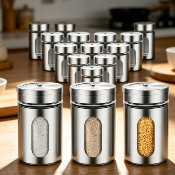 Stainless Steel Salt & Pepper Shakers with Glass Window, 24-Pack