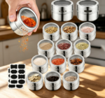 Stainless Steel Magnetic Spice Jars with Clear Lid, 12-Pack