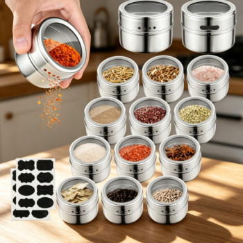 Stainless Steel Magnetic Spice Jars with Clear Lid, 12-Pack