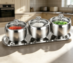 Stainless Steel Sugar Bowl 10 oz with Spoon & Tray, 3-Pack