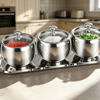 Stainless Steel Sugar Bowl 10 oz with Spoon & Tray, 3-Pack