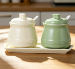 Ceramic Sugar Bowl with Tray, Lid & Spoon, 2-Pack