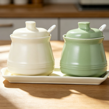 Ceramic Sugar Bowl with Tray, Lid & Spoon, 2-Pack