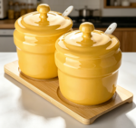 Ceramic Sugar Bowl with Lid, Spoon & Tray, Yellow, 2-Pack
