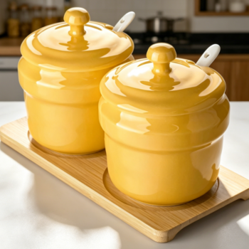 Ceramic Sugar Bowl with Lid, Spoon & Tray, Yellow, 2-Pack