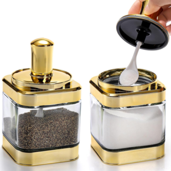 Gold Glass Condiment Pot 12 oz with Spoon, 2-Pack