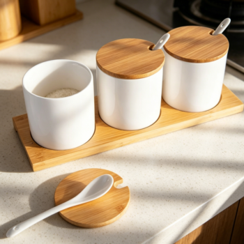 Ceramic Condiment Jar 8 oz with Lid & Spoon, White, 3-Pack