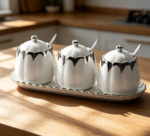Ceramic Condiment Pots with Tray, Lid & Spoon, White Silver, 3-Pack