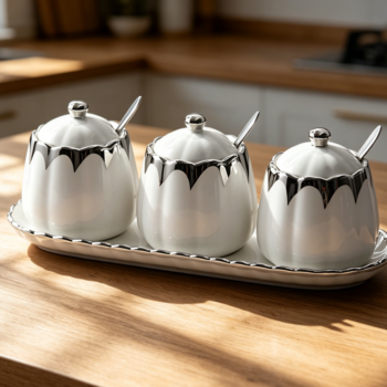 Ceramic Condiment Pots with Tray, Lid & Spoon, White Silver, 3-Pack