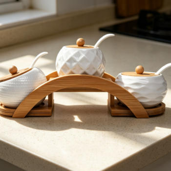 Porcelain Condiment Jar with Bamboo Lid, Spoon & Tray, 3-Pack