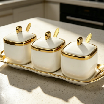 Ceramic Spice Jars with Lids & Spoons, White