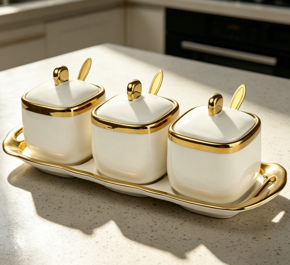 Ceramic Spice Jars with Lids & Spoons, White