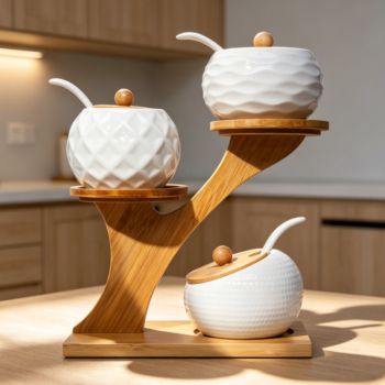 Porcelain Condiment Jar with Bamboo Lid, Spoon & Wooden Tray, 3-Pack
