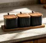 Ceramic Condiment Jar with Lid & Spoon, Black, 3-Pack