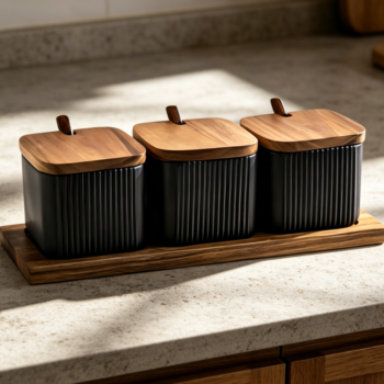 Ceramic Condiment Jar with Lid & Spoon, Black, 3-Pack