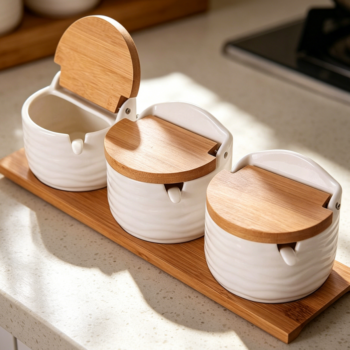 Ceramic Storage Jar with Flip Lid & Spoon, 3-Pack