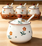 Porcelain Condiment Jar with Lid, Spoon & Serving Tray, Yellow Flower
