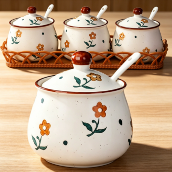 Porcelain Condiment Jar with Lid, Spoon & Serving Tray, Yellow Flower