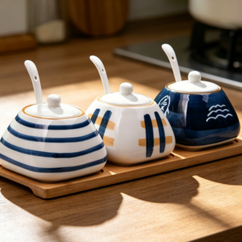 Porcelain Condiment Jar 300 ml with Ceramic Lid & Spoon, 3-Pack