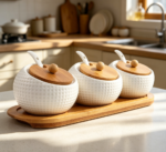 Porcelain Condiment Jar 170 ml with Bamboo Lid, Spoon & Tray, 3-Pack