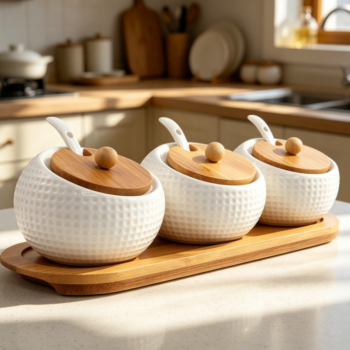 Porcelain Condiment Jar 170 ml with Bamboo Lid, Spoon & Tray, 3-Pack