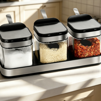 Glass Condiment Jar with Stainless Steel Lid & Spoon, 3-Pack