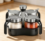 Revolving Condiment Pots with 360° Tray, Lid & Spoon, 4-Pack