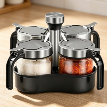 Revolving Condiment Pots with 360° Tray, Lid & Spoon, 4-Pack